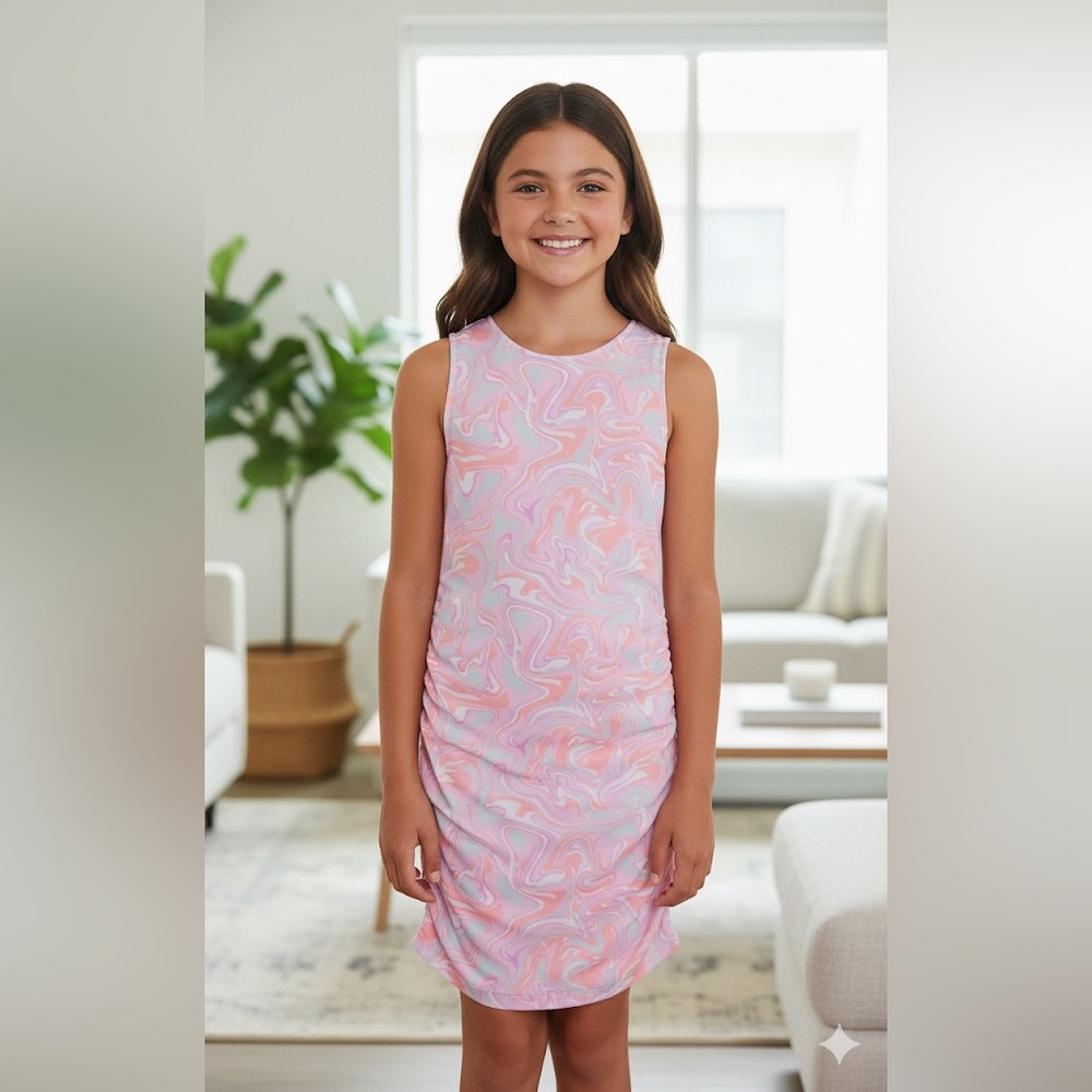 Girls Dress Pink High Neck Mesh ruche size 14/16‎